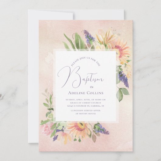 ソフトなピンクと桃色のフレーム付き洗礼招待状 招待状 (正面)