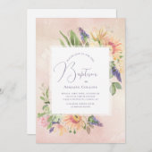 ソフトなピンクと桃色のフレーム付き洗礼招待状 招待状 (正面/裏面)