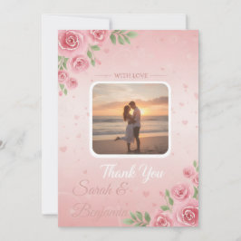 ソフトなピンクと花のガーデン写真ウェディング サンキューカード