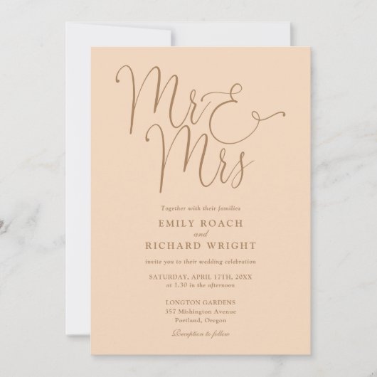 ソフトなピンクのエレガントなスクリプト ウェディング ご夫婦 招待状 (正面)