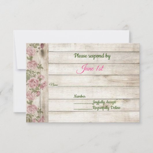 ソフトなピンクのバラと木のカントリーウェディング出欠確認 招待状 (正面)