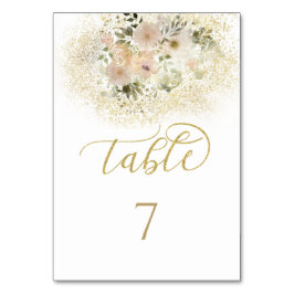 ソフトなピンクのロマンチックな花モチーフのゴールドカリグラフィー テーブルナンバー