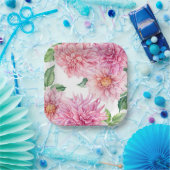 ソフトなピンクの水彩ダリアの花柄 ペーパープレート (パーティー)