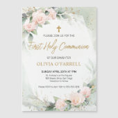 ソフトなピンクの水彩花と緑のグリーン　聖体拝領の招待状 マグネット招待状 (正面)