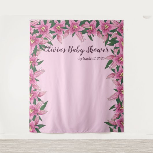 ソフトなピンクの花が咲くユリの背景 タペストリー (正面)