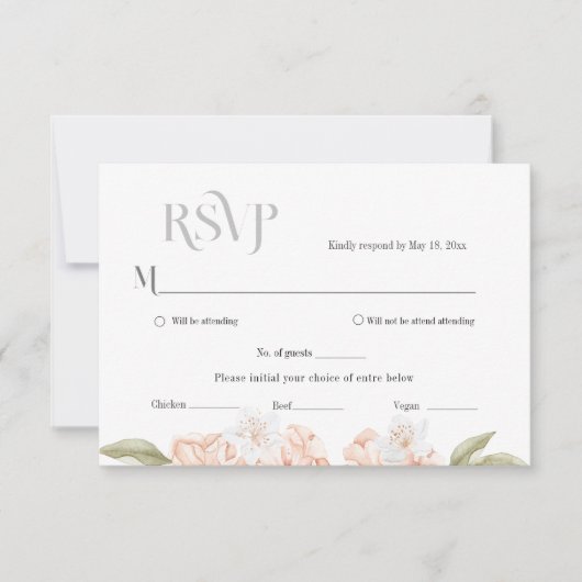 ソフトなピンクの花のウェディング返信カード 出欠カード (正面)