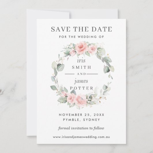 ソフトなピンクの花の結婚式のSave the Dateカード 招待状 (正面)
