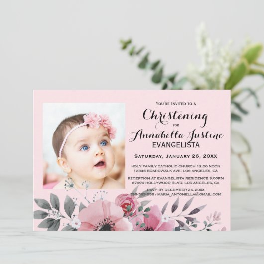 ソフトなピンクの花柄が可愛らしい 洗礼式 おしゃれなイベント 招待状 (スタンド正面)