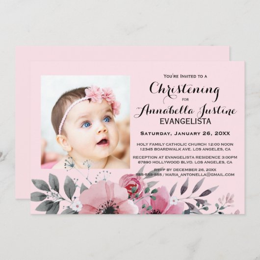 ソフトなピンクの花柄が可愛らしい 洗礼式 おしゃれなイベント 招待状 (正面/裏面)