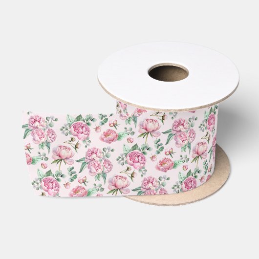 ソフトなピンクの花柄サテンリボン サテンリボン (リール)