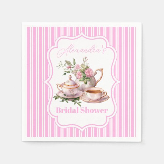 ソフトなピンクの花模様の紅茶 ブライダルシャワー スタンダードカクテルナプキン (正面)