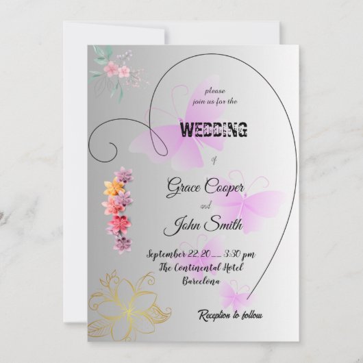 ソフトなブラック＆ホワイトのウェディングカード 花柄 招待状 (正面)