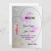 ソフトなブラック＆ホワイトのウェディングカード 花柄 招待状 (正面/裏面)