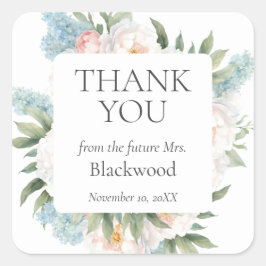 ソフトなブルーとピンクの花が咲く ウェディング サンクス スクエアシール