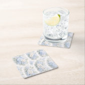 ソフトなブルーとホワイトの水彩花柄エレガントパターン スクエアペーパーコースター (インサイチュ)