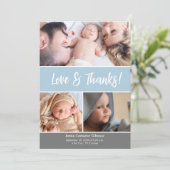 ソフトなブルーの愛と感謝のフォトコラージュベイビーシャワー サンキューカード (スタンド正面)