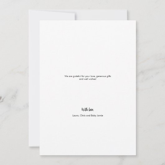 ソフトなブルーの愛と感謝のフォトコラージュベイビーシャワー サンキューカード (裏面)
