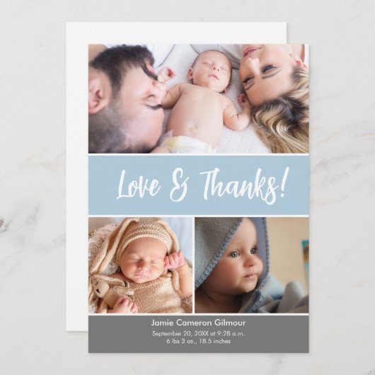ソフトなブルーの愛と感謝のフォトコラージュベイビーシャワー サンキューカード (正面/裏面)
