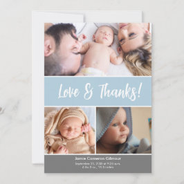 ソフトなブルーの愛と感謝のフォトコラージュベイビーシャワー サンキューカード