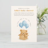 ソフトなブルーの水彩クマの風船ベイビーシャワー 招待状 (スタンド正面)