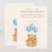 ソフトなブルーの水彩クマの風船ベイビーシャワー 招待状 (正面/裏面)