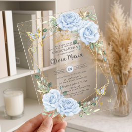 ソフトなベイビーブルーの花と蝶のゴールドのクィンセañera アクリル招待状