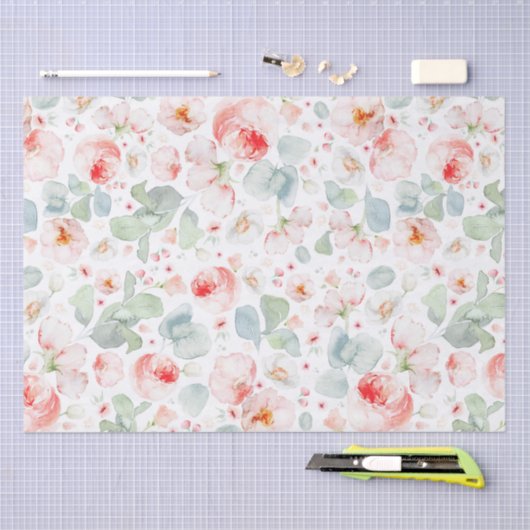 ソフトなライトピンクの水彩花の植物学 薄葉紙 (クラフト)