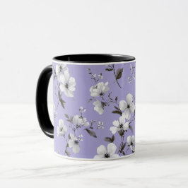 ソフトなラベンダーの花 白い花柄 マグカップ