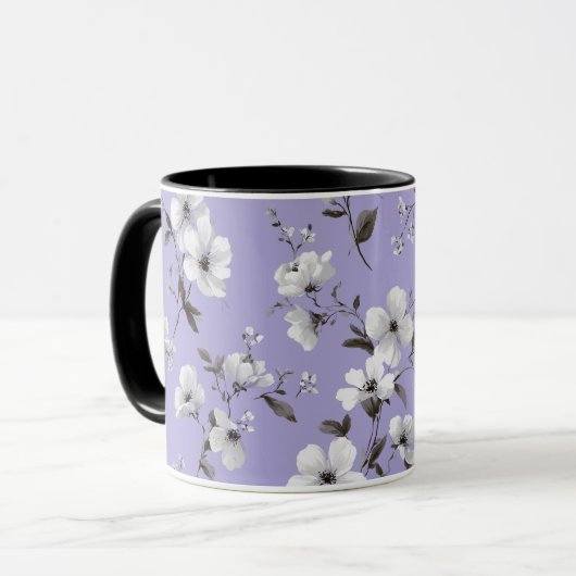 ソフトなラベンダーの花 白い花柄 マグカップ (正面左)
