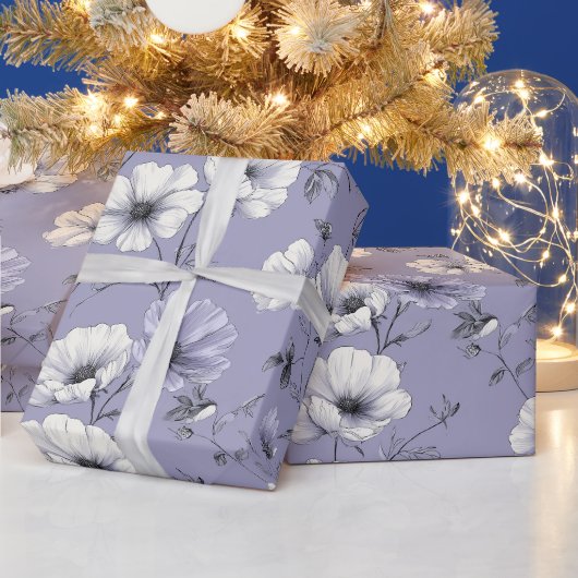 ソフトなラベンダーの花 白い花柄 ラッピングペーパー (クリスマス)