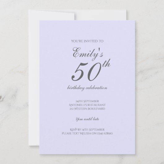 ソフトなラベンダー ミニマリスト 50歳の誕生日招待状 招待状 (正面)