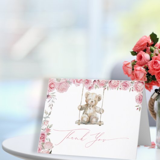 ソフトなローズのテディベア 赤ちゃんの女の子 サンキューカード