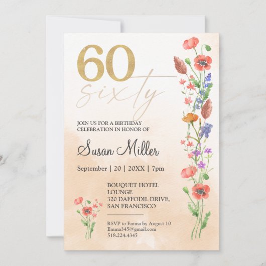 ソフトなワイルドフラワー 60歳の誕生日 女性へ - 60年 招待状 (正面)