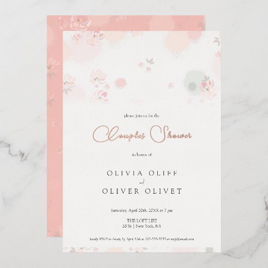 ソフトな優しさのティーローズ カップルシャワー 箔招待状 (正面/裏面)