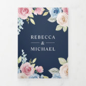 ソフトな春の花のネイビーブルーQRコードウェディング 三つ折り招待状 (カバー)