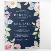 ソフトな春の花のネイビーブルーQRコードウェディング 三つ折り招待状 (内部最初)