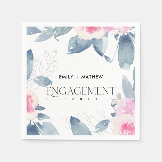 ソフトな桜色の青い花の水彩画のブーケ　エンゲージメント スタンダードカクテルナプキン (正面)