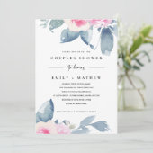 ソフトな桜色の青い花の水彩画 カップルシャワー 招待状 (スタンド正面)