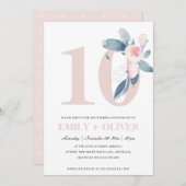 ソフトな桜色の青い花の10周年記念 招待状 (正面/裏面)