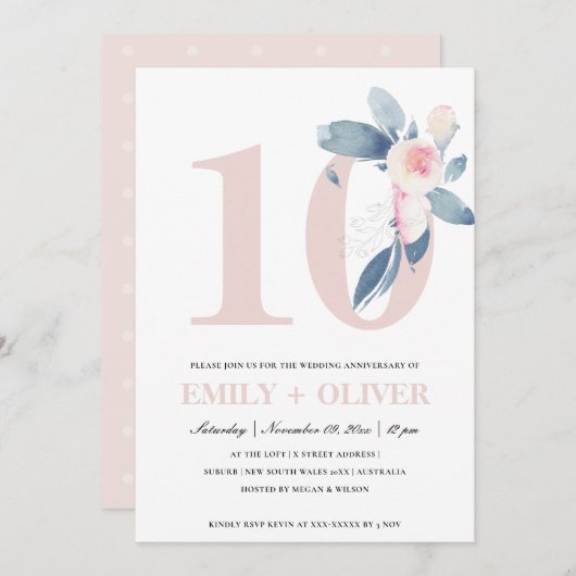 ソフトな桜色の青い花の10周年記念 招待状 (正面/裏面)