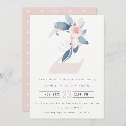 ソフトな桜色の青い花の2周年記念 招待状 (正面/裏面)