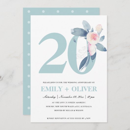 ソフトな桜色の青い花の20周年記念 招待状 (正面/裏面)