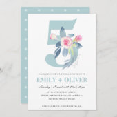 ソフトな桜色の青い花の5周年記念 招待状 (正面/裏面)