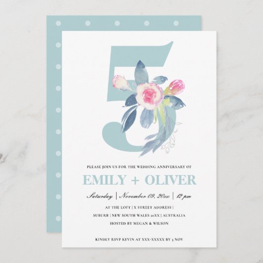 ソフトな桜色の青い花の5周年記念 招待状 (正面/裏面)