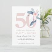 ソフトな桜色の青い花の50周年記念イヤー 招待状 (スタンド正面)