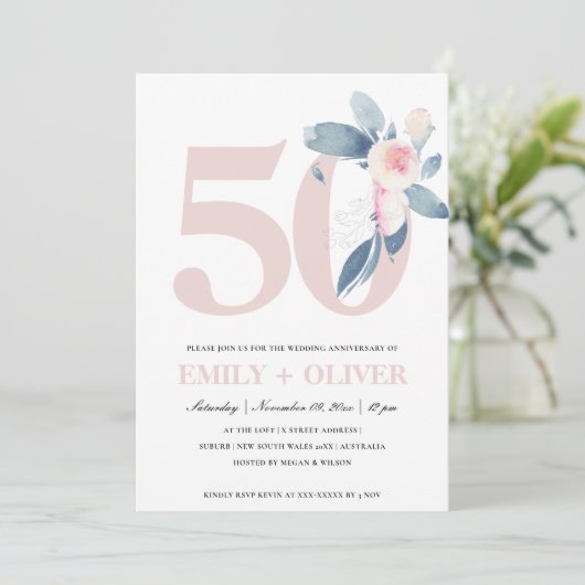 ソフトな桜色の青い花の50周年記念イヤー 招待状 (スタンド正面)