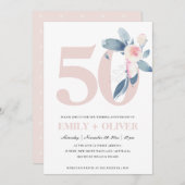 ソフトな桜色の青い花の50周年記念イヤー 招待状 (正面/裏面)