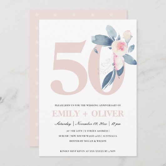 ソフトな桜色の青い花の50周年記念イヤー 招待状 (正面/裏面)