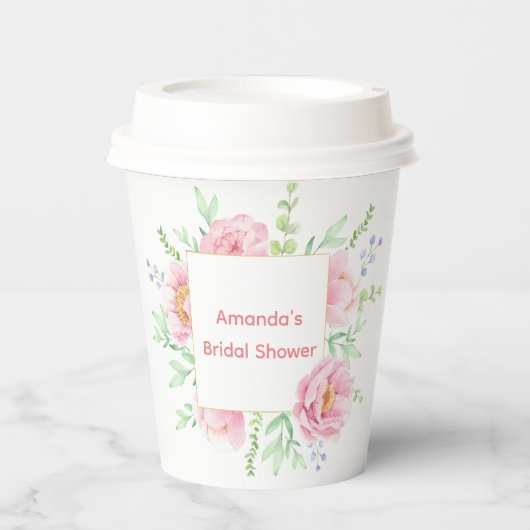 ソフトな水彩ピンクの芍薬が描かれたエレガントな紙コップ ウェディングパーティー用 紙コップ (正面)