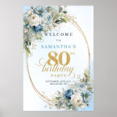ソフトな水彩ブルーの花とゴールドフレーム 80歳の誕生日 ポスター (正面)